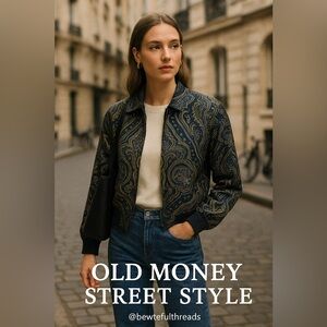 Massimo Dutti Silky Paisley Bomber Jacket M • Navy Gold Vintage Inspired
